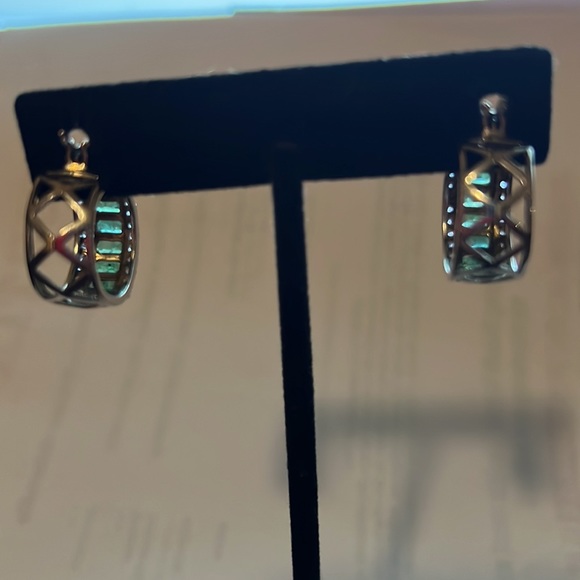 Emerald and diamonds hoop earrings in sterling silver 925 - Picture 2 of 6